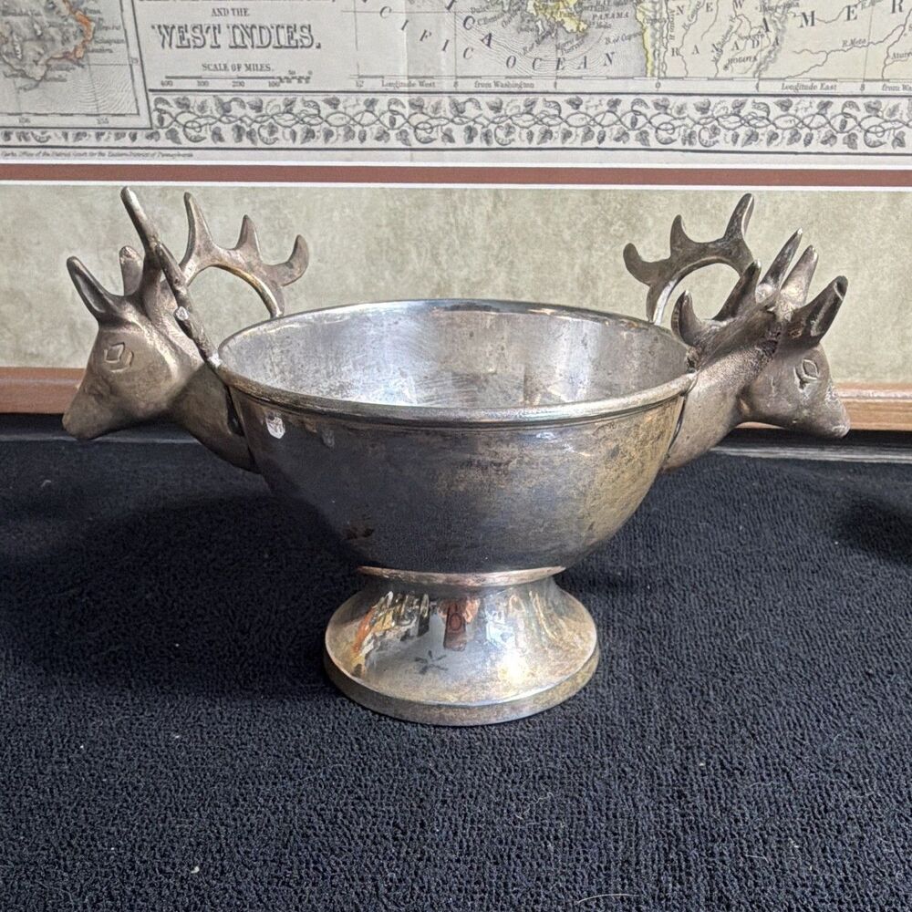 Vtg. Silver Plated Stag Horn/ Elk Handle Pedestal Bowl